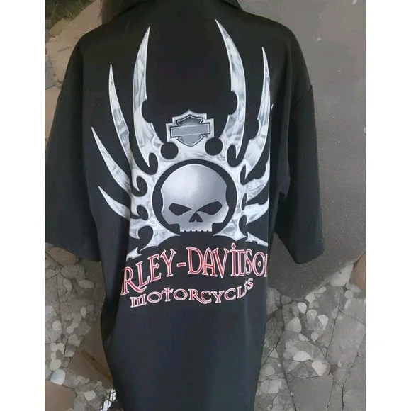 Sz L Harley-Davidson Short Sleeve Button Down Large Willie G. Skull On Back EUC - Picture 4 of 10